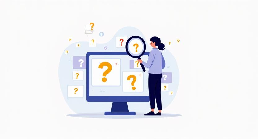 FAQ 페이지의 지원을 상징하는 밝은 색상의 일러스트레이션. 사람이 컴퓨터와 돋보기를 들고 질문을 찾는 모습.